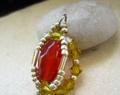 Deep Orange Carnelian and Lime Swarovski Crystal Pendant