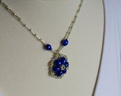 Handmade Cobalt Blue Freshwater Pearl and Silver Seed Beads Flower Necklace