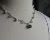 Smooth Green Agate and Aquamarine Dots - Natural Stone Necklace - Hand Crocheted