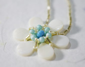 Handmade Mother of Pearl May Flower with Gold Tube Beads Necklace